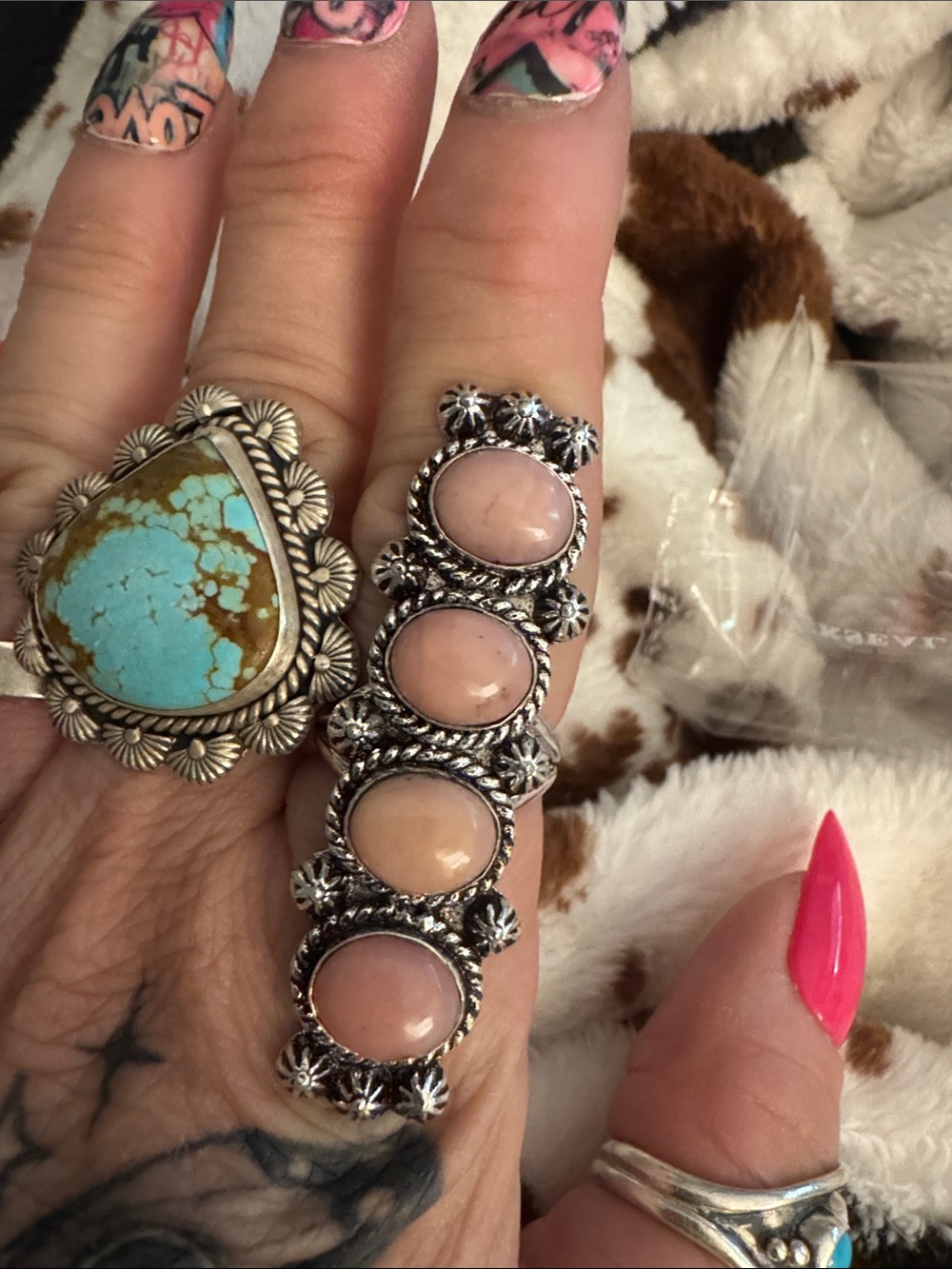 Sterling-Style Silver Ring with Pink Opal Cabochons - Women Jewelry
